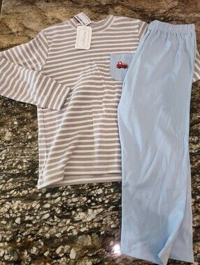Striped Gray & Light Blue Kids Matching Set with Fire Truck Pocket Sz 4/5